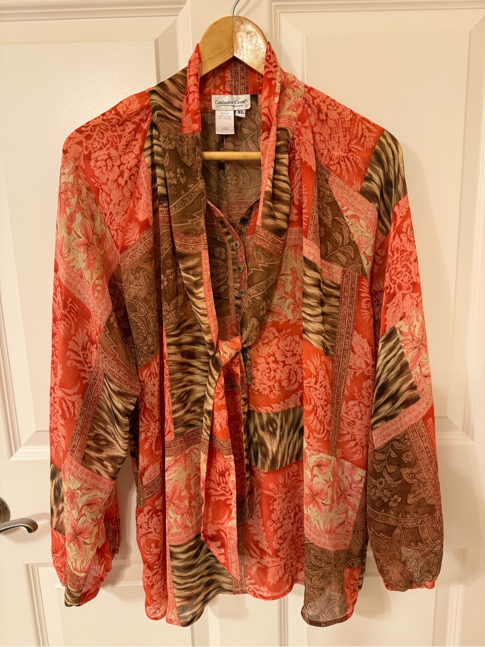 Coldwater Creek Women’s Orange & Brown Semi Sheer Long Sleeve Blouse XL Mint